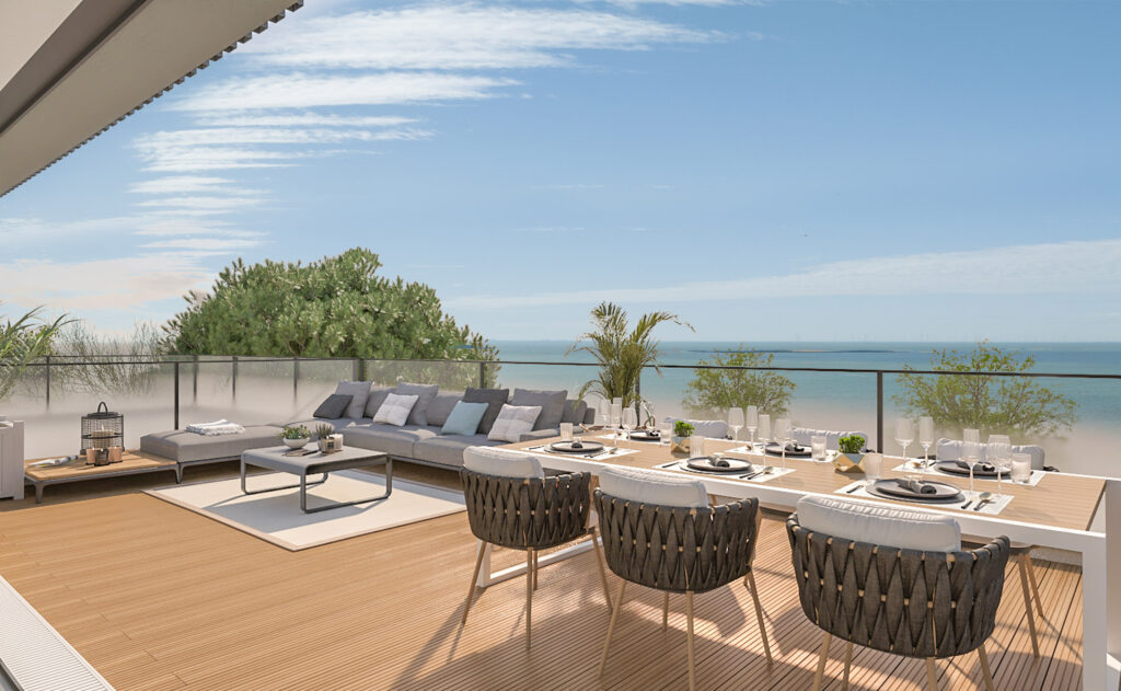 Vue mer depuis la terrasse d’un appartement neuf à Pornichet, Résidence Villa Blanche – appartements de standing à Pornichet